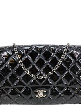 Chanel  Flap Quilted Patent Leather Clutch With Chain Shoulder Bag Black